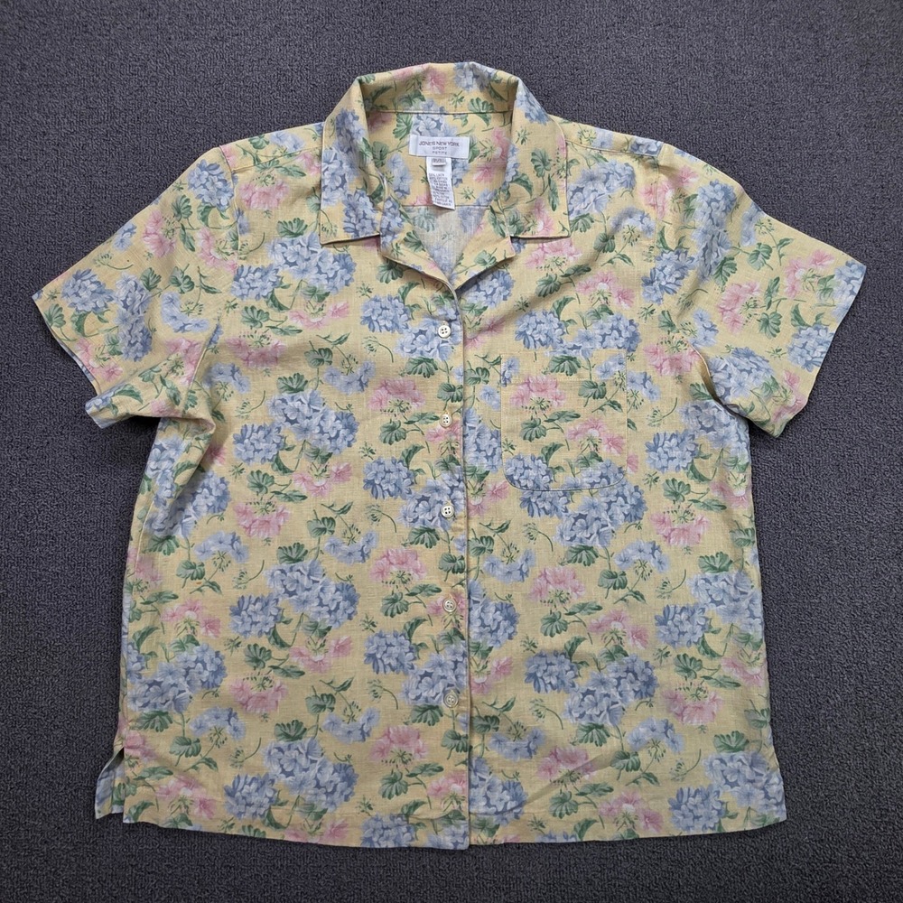 Jones New York Sport Petite Floral Linen Cotton Button Down‎ Shirt Yellow P/L